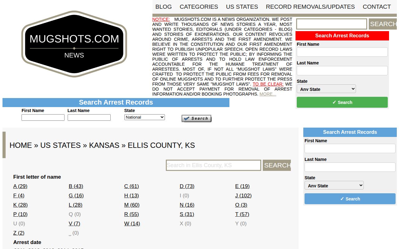 Historical Ellis County mugshot archive interface
