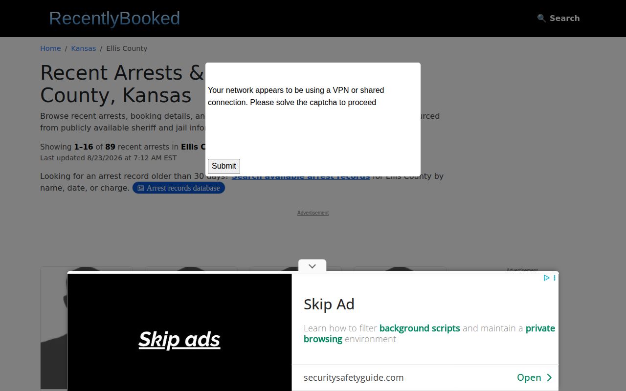 Unofficial Ellis County recent booking interface