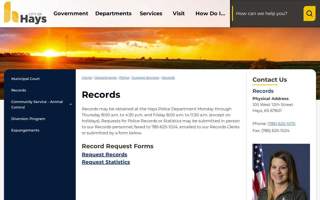 Hays Police arrest records request page in Ellis County